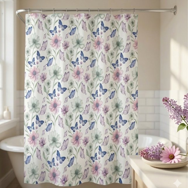 Cortina De Ducha Pastel Botanical Floral Butterfly  (Pastel botanical floral butterfly shower curtain)