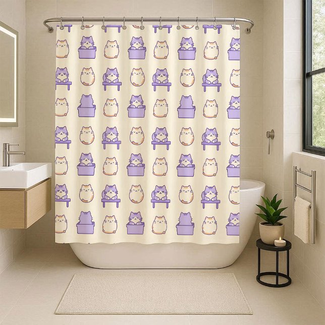 Cortina de ducha pastel de gato gordito lavanda ka (Kawaii Lavender Chonky Cat Pastel Shower Curtain)