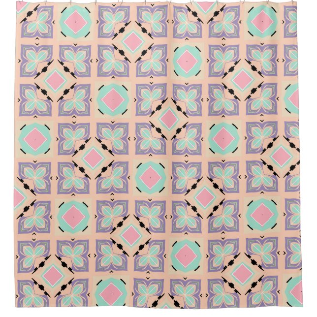 Cortina De Ducha Pastel Geometric Tile Pattern | Pink Mint Purple  (Anverso)