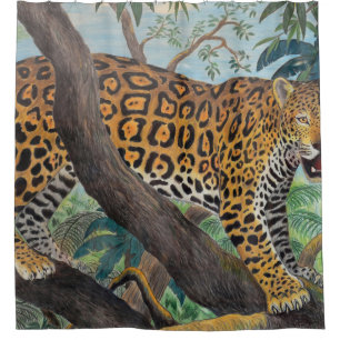 Cortina De Ducha Pastel jaguar: dibujo de la jungla.