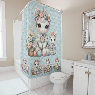 Cortina De Ducha Pastel Kawaii Unicorn Madre hija Duo Azul