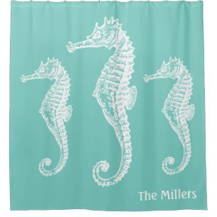 Cortina De Ducha Pastel Moda Caballo de mar Familia Verde Verde azu