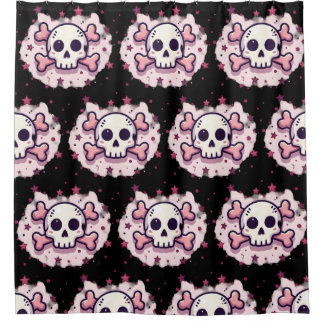 Cortina De Ducha Pastel Pink Skull and Crossbones