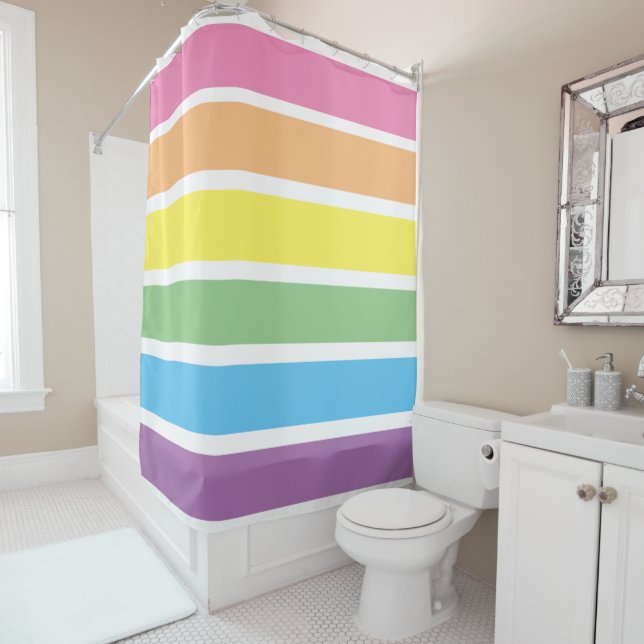 Cortina De Ducha Pastel Rainbow Striped Shower Curtain (In situ)