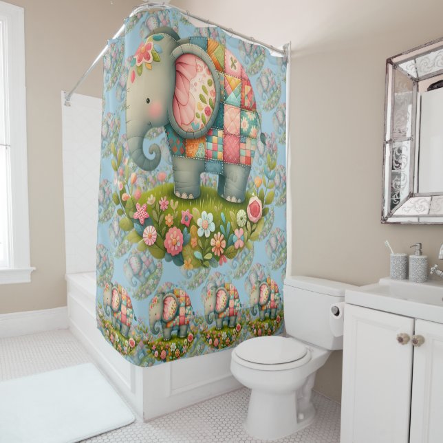Cortina De Ducha Patchwork Elephant Floral Meadow Charm (In situ)