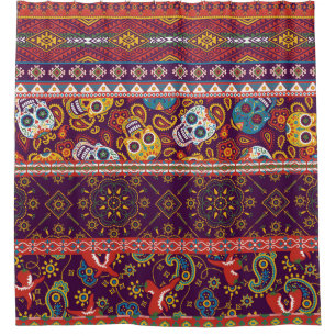 Cortina De Ducha Patchwork mexicano: diseño tradicional vintage.