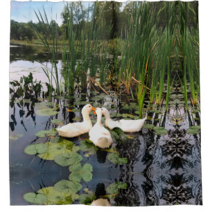 Cortina De Ducha Patos blancos, almohadillas de lirios, colas, oril