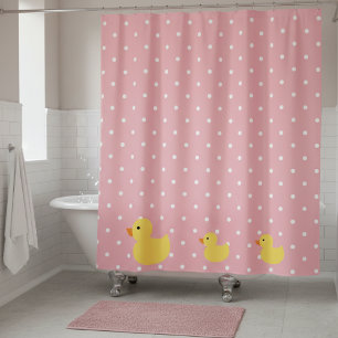 Cortina De Ducha Patos de goma nadando en puntos rosados de polka