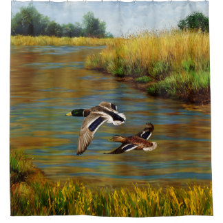 Cortina De Ducha Patos Mallard Volando Sobre El Estanque