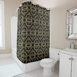 Cortina De Ducha Patrón Art Déco Dorado y Negro con Glamour Retro e