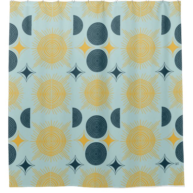 Cortina De Ducha Patrón azul de luna de sol celeste Boho (Anverso)