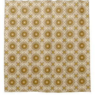 Cortina De Ducha Patrón Batik Mandala Mostaza Oro y Crema