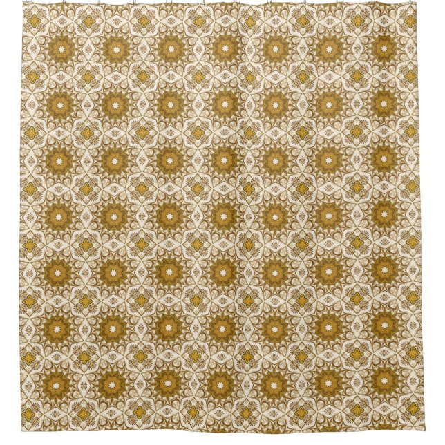 Cortina De Ducha Patrón Batik Mandala Mostaza Oro y Crema (Anverso)
