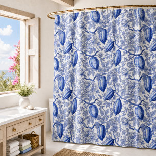 Cortina De Ducha Patrón Botánico Chic de Toile Azul Único en Cocoa