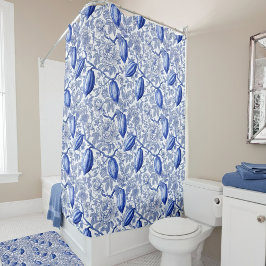 Cortina De Ducha Patrón Botánico Chic de Toile Azul Único en Cocoa