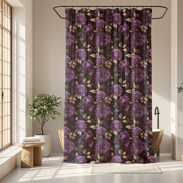 Cortina De Ducha Patrón Botánico Gótico Violeta Y Oro Oscuro (Gothic Violet And Gold Dark Botanical Pattern Shower Curtain)