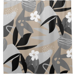 Cortina De Ducha Patrón Botánico Moderno Beige Gris Negro y Blanco