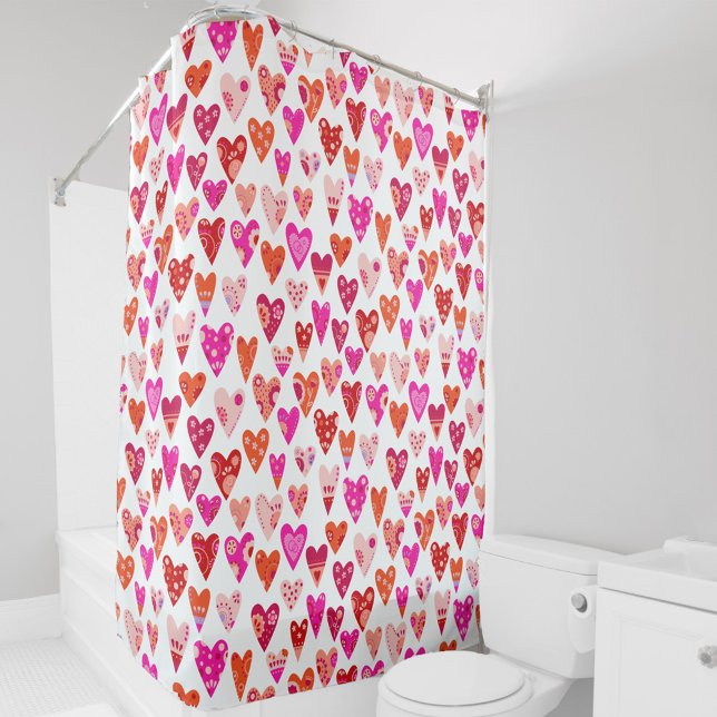 Cortina De Ducha Patrón cardíaco Rojo Rosa Moderno (Japandi pink and yellow floral heart pattern shower curtain)