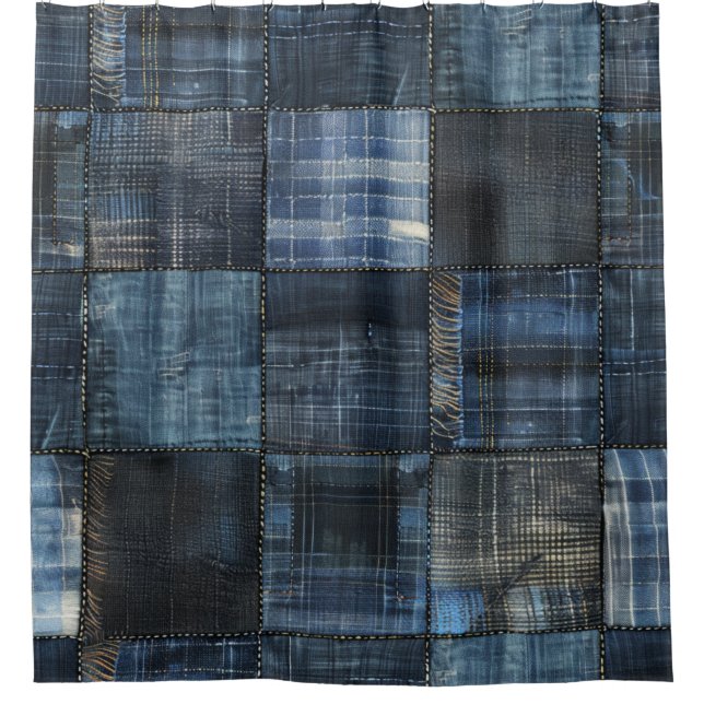 Cortina De Ducha Patrón continuo de patchwork de mezclilla índigo (Anverso)