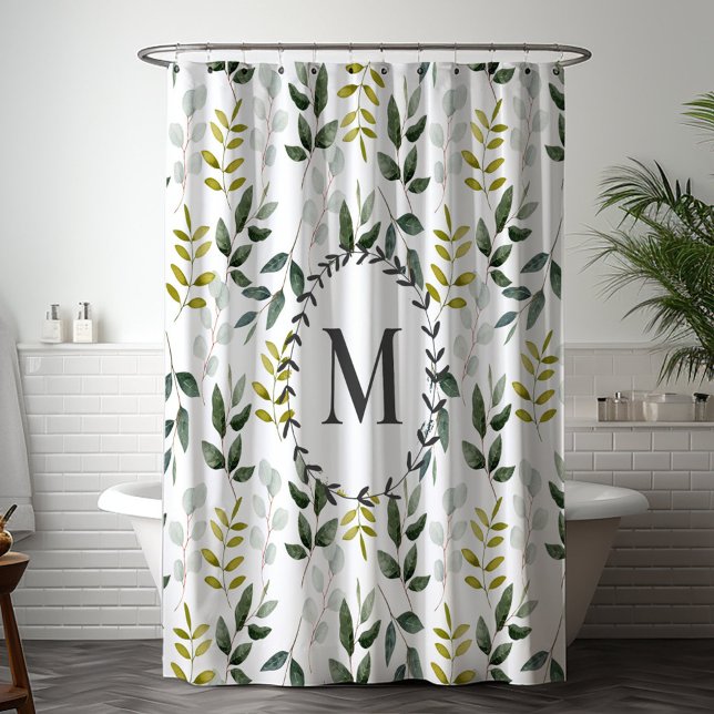 Cortina De Ducha Patrón de acuarela de hojas verdes monogramadas (In situ bathroom)