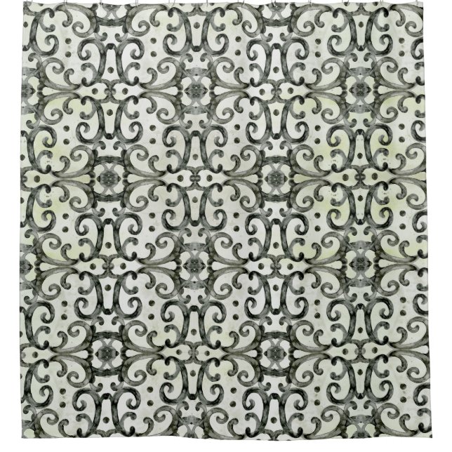 Cortina De Ducha Patrón de acuarela de pergamino negro y blanco (Anverso)