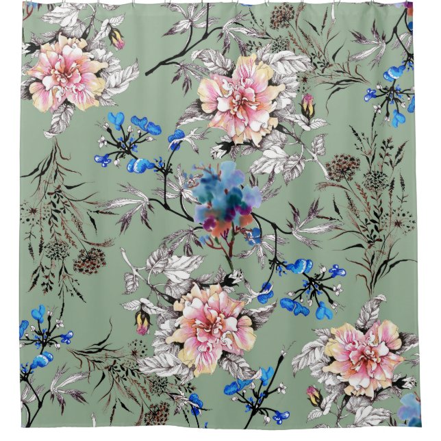Cortina De Ducha Patrón de acuarela floral de fondo verde. (Anverso)