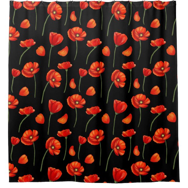 Cortina De Ducha patrón de amapola negro (Anverso)