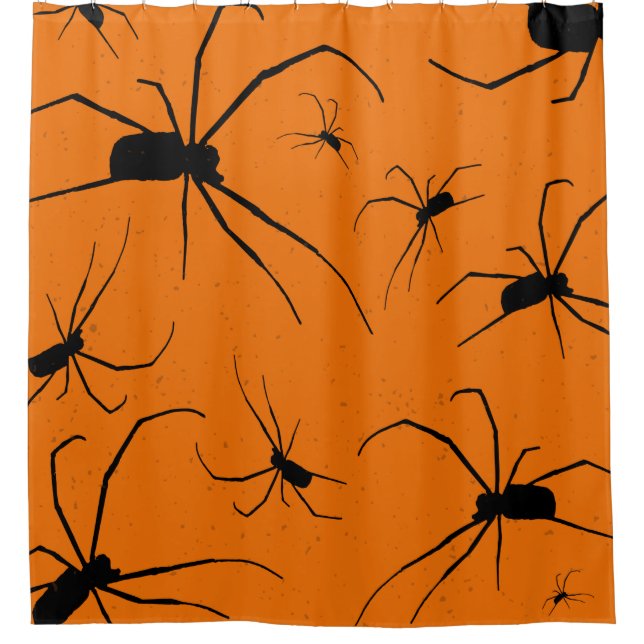 Cortina De Ducha Patrón de arañas de Halloween naranja, araña negra (Anverso)