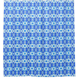 Cortina De Ducha Patrón de baldosas batik azul cobalto y blanco