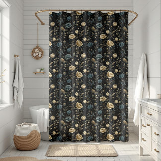 Cortina De Ducha Patrón De Bloom Floral Ornato Dorado Y Azul