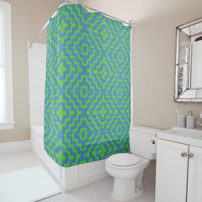 Cortina De Ducha Patrón de boho azul y verde (In situ)