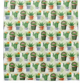 Cortina De Ducha Patrón de Cactus de Gingham Verde