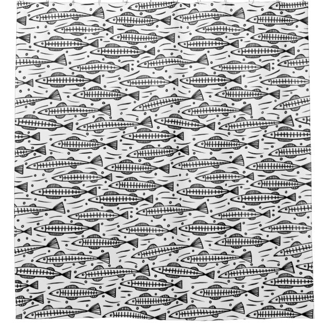 Cortina De Ducha Patrón de calzado de peces - Negro sobre blanco (Anverso)