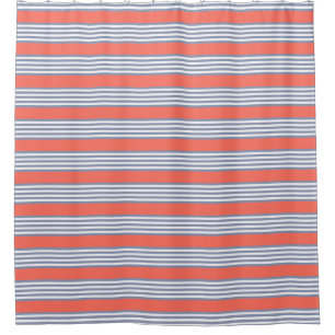Cortina De Ducha Patrón de cinco rayas azul-gris con coral vivo