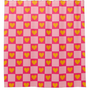 Cortina De Ducha Patrón de corazones a cuadros rosa rojo amarillo a