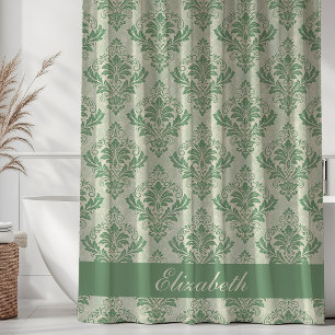 Cortina De Ducha Patrón de Damasco Antiguo con Monograma en Verde