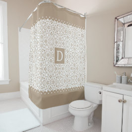 Cortina De Ducha Patrón de damasco de taupe, monograma de bordes de