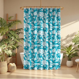 Cortina De Ducha Patrón de damasco floral turquesa sobre blanco