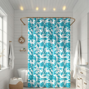 Cortina De Ducha Patrón de damasco floral turquesa y blanco