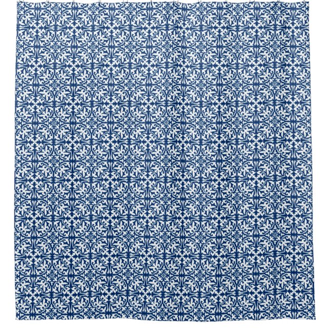 Cortina De Ducha Patrón de damasco ikat - Azul cobalto y blanco (Anverso)