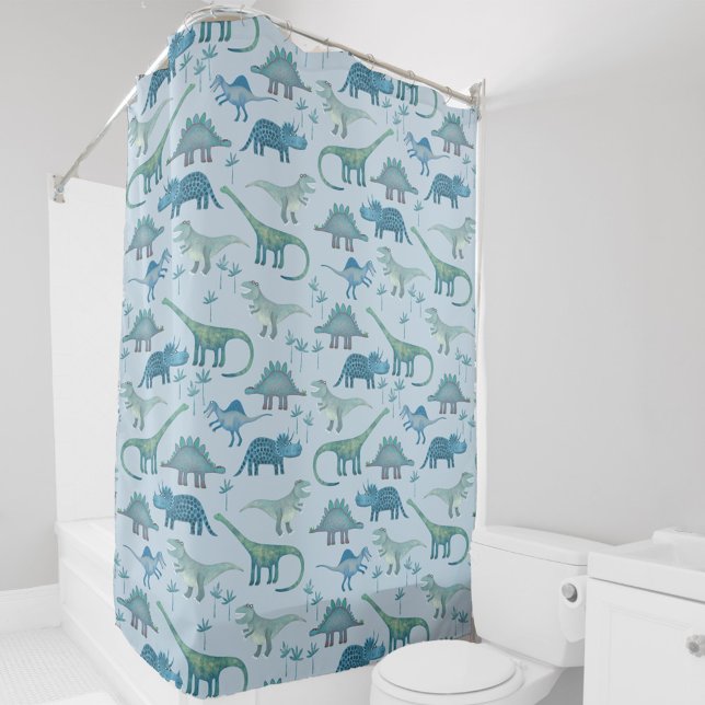 Cortina De Ducha Patrón de dinosaurio azul prehistórico (Fun blue dinosaur shower curtain featuring Tyrannosaur, Diplodocus, Triceratops, Spinosaur and more)