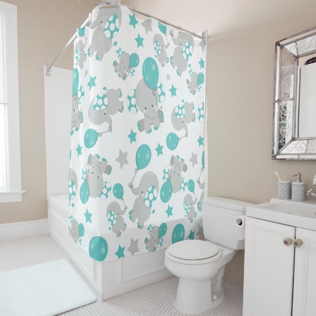 Cortina De Ducha Patrón de Elefantes, Elefantes Cutos - Gris Azul (In situ)