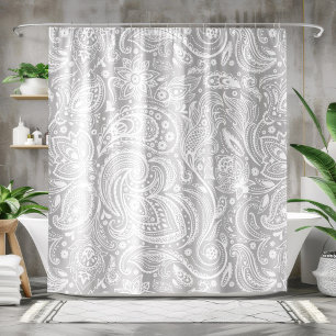 Cortina De Ducha Patrón de encaje floral blanco y gris