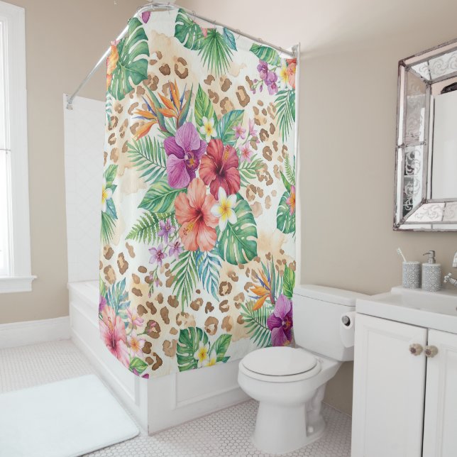Cortina De Ducha Patrón de estampado de leopardo floral tropical (In situ)