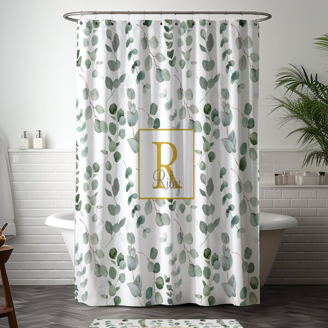 Cortina De Ducha Patrón de eucalipto con monograma (In situ bathroom)