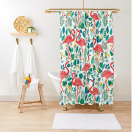 Cortina De Ducha Patrón de flamencos rosados y flores tropicales