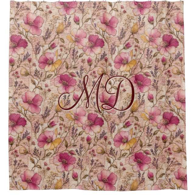 Cortina De Ducha Patrón de Flor Botánica Rosa Chic (Anverso)