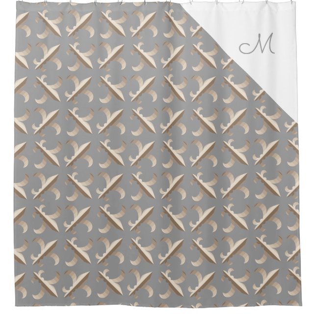 Cortina De Ducha Patrón de flor de lis rayada monogramada (Anverso)