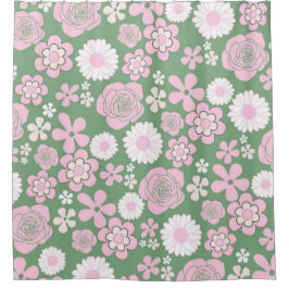 Cortina De Ducha Patrón de flor del Y2K 70s del Retro Blanco Rosa V