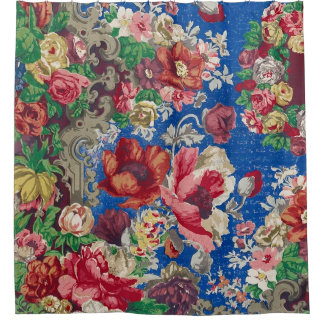 Cortina De Ducha Patrón de flores del siglo XIX Chintz azul antiguo